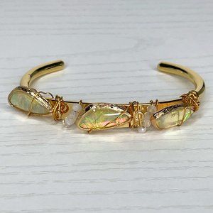 Beaded Imitation Opal Goldtone Wire Wrapped Open Cuff Bracelet